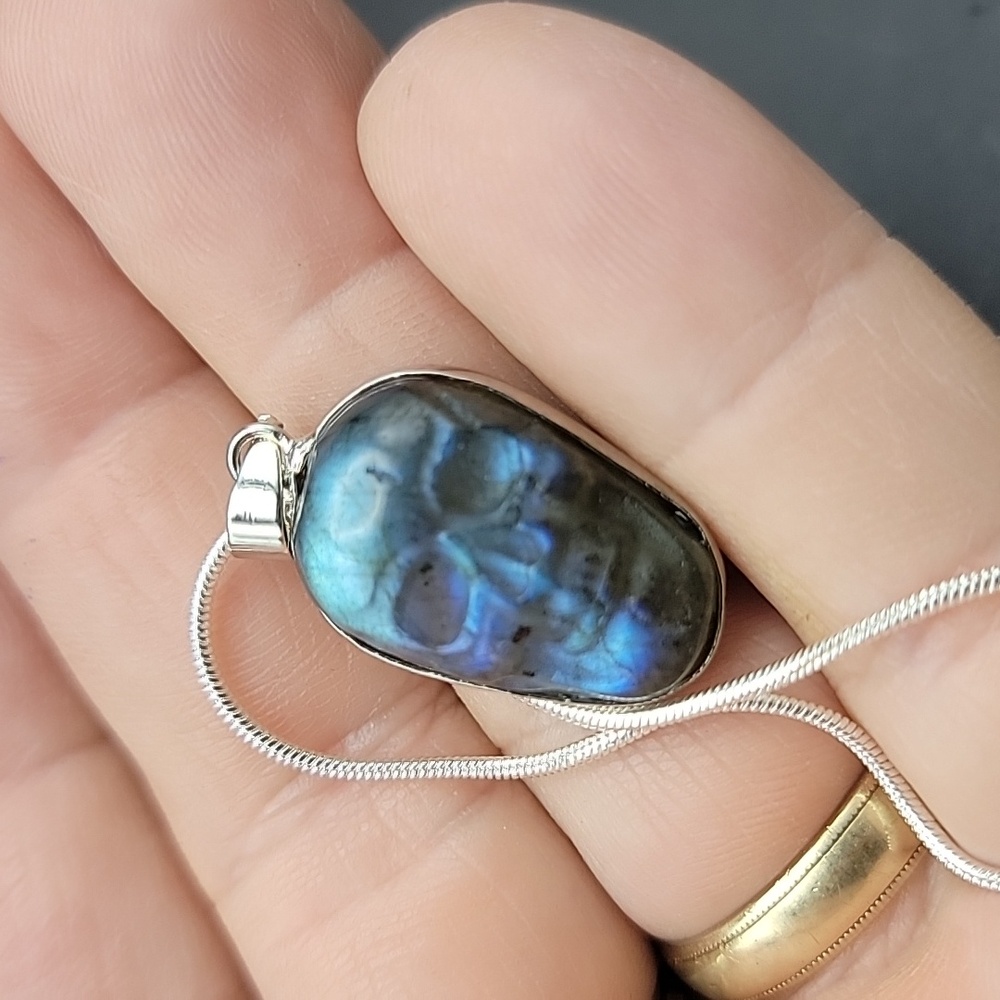 22" Silver Plate Necklace Gemstone Labradorite Skull Pendant Unisex NEW